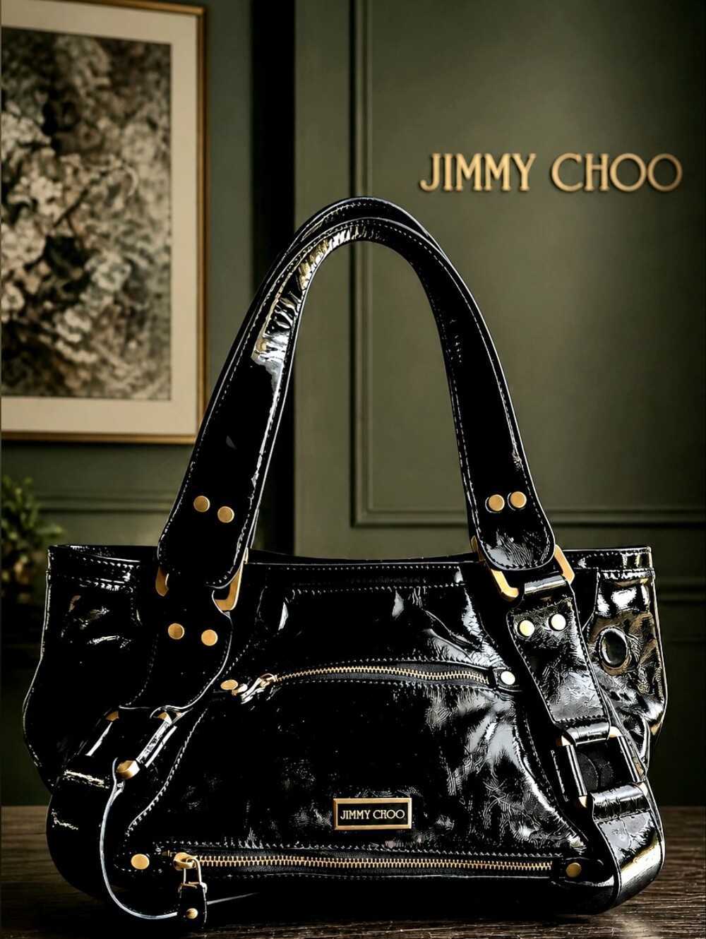 Authentic Jimmy Choo Black Patent Leather Mahala Shoulder Bag Handbag